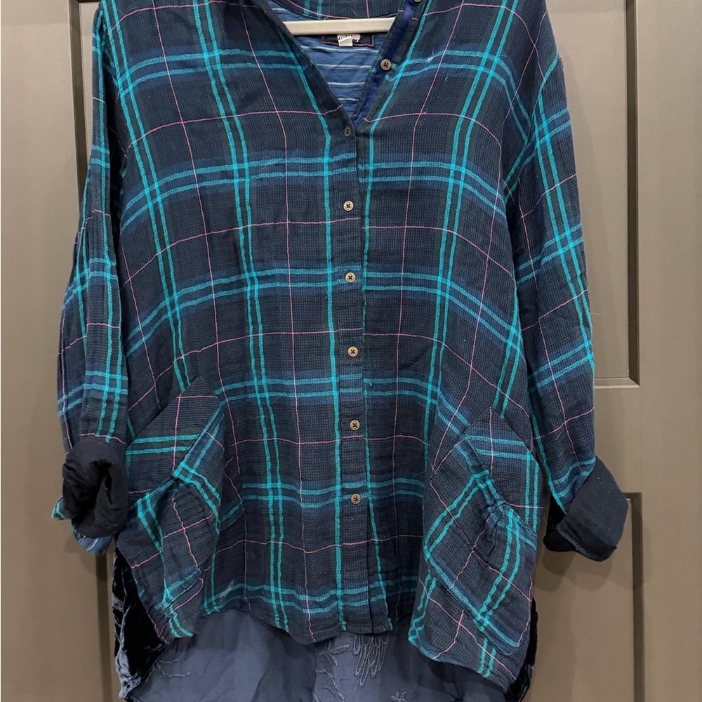 Johnny Was Plaid Button-Up Shirt w Pockets and Velvet Embroidered Back -  Size L